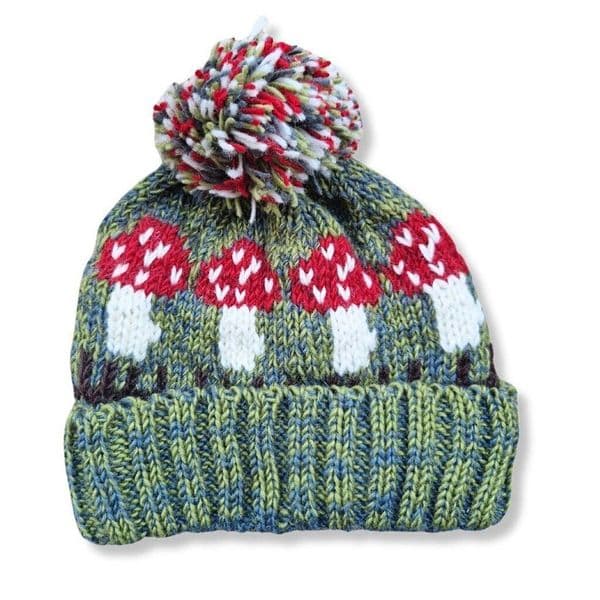 Chunky Knitted Mushroom Bobble Hat in Field Green