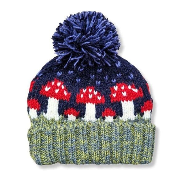 Chunky Knitted Mushroom Bobble Hat in  Midnight Blue
