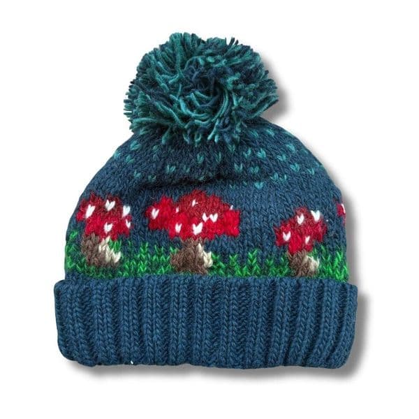 Chunky Knitted Mushroom Bobble Hat in  teal