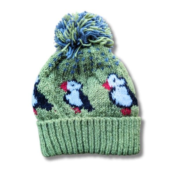Chunky Knitted Puffin Bobble Hat In Moorland Green
