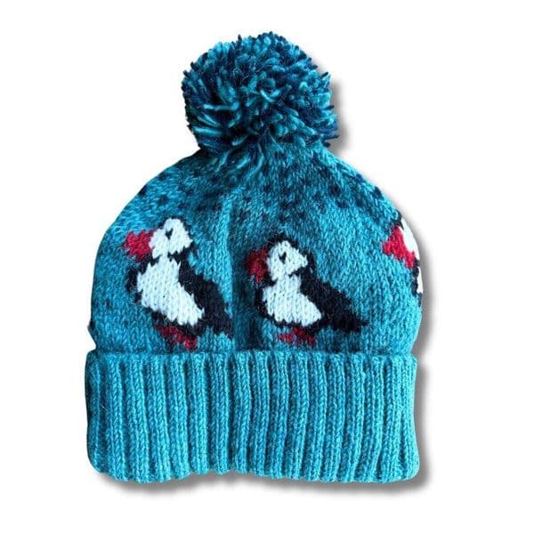 Chunky Knitted Puffin Bobble Hat In Seafoam