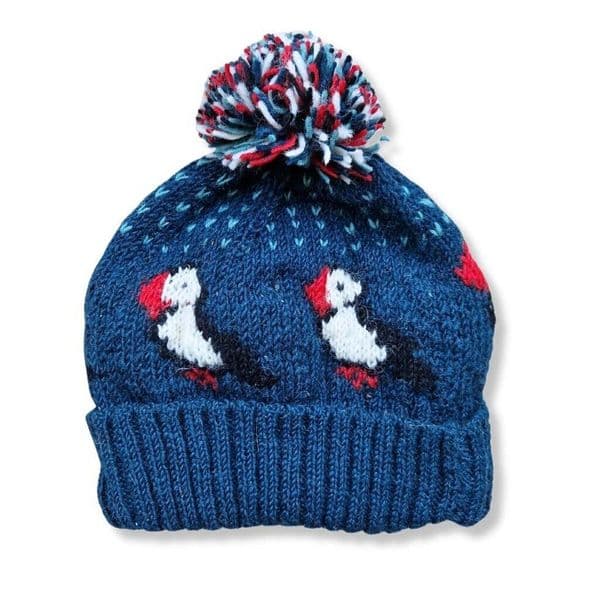 Chunky Knitted Puffin Bobble Hat In Teal