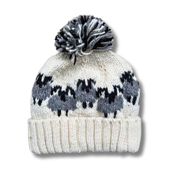 Chunky Knitted Sheep Bobble Hat Cream Rams