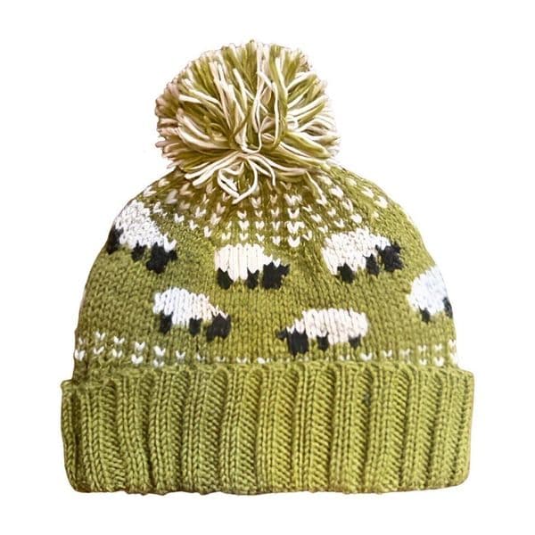 Chunky Knitted Sheep Bobble Hat In Green with Sideways Sheep