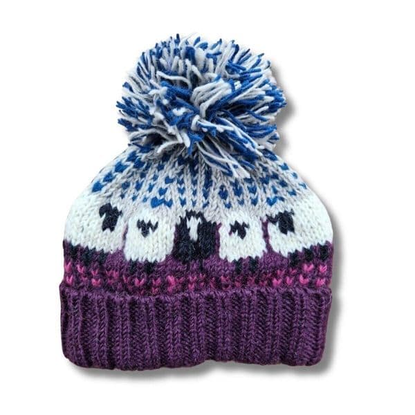 Chunky Knitted Sheep Bobble Hat in Plum