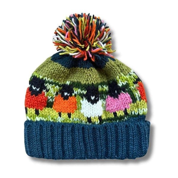 Chunky Knitted Sheep Bobble Hat Teal & Green Multi