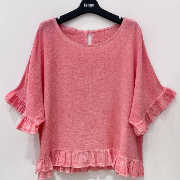 Cotton Linen  Top with Frill Trim