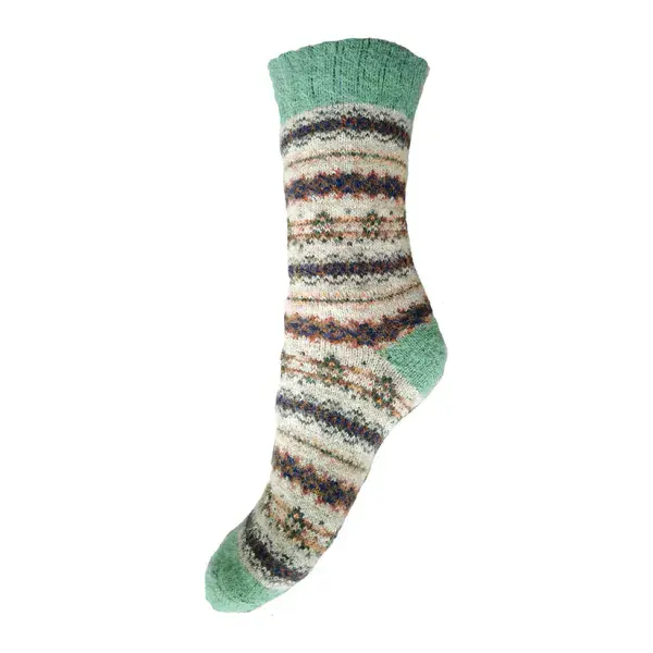 Cream and green Shetland wool blend socks size 4-7