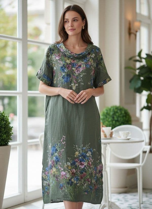 Floral Printed Cowell Neck Dress