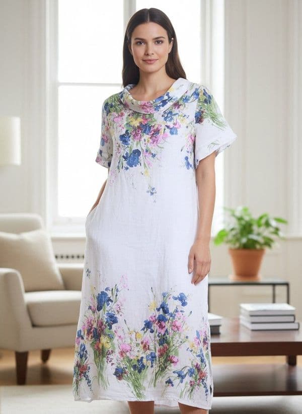 Floral Printed Cowell Neck Dress