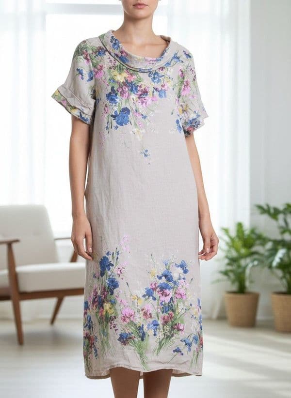 Floral Printed Cowell Neck Dress