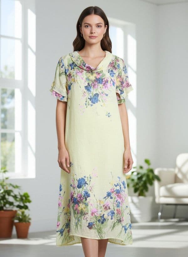 Floral Printed Cowell Neck Dress