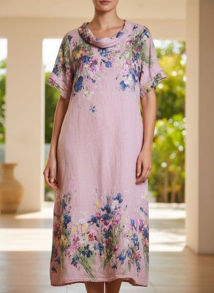 Floral Printed Cowell Neck Dress