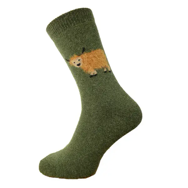 Green thick wool blend  socks with fluffy higland  cow sizes 8-12