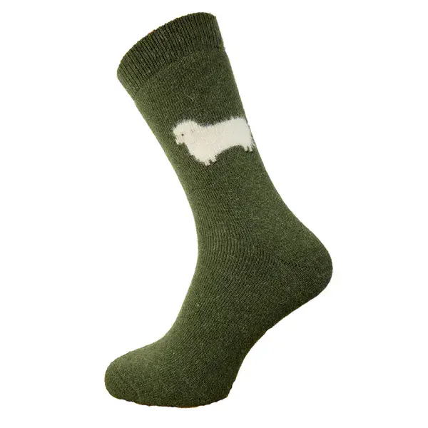Green wool Blend  socks with fluffy sheep Size 8-12