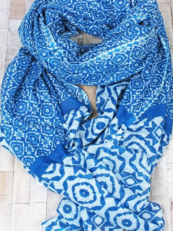Hand Printed 100% Cotton Sarong /Scarf Summer Blue