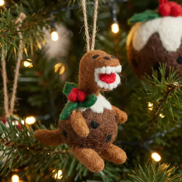 Handmade Felt Christmas Pudding T-Rex Hanging Decoration