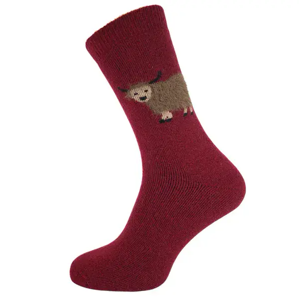 Marron  wool socks with fluffy Highland cow Size 8-12
