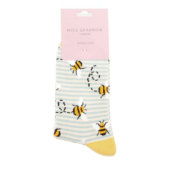 Miss Sparrow Bees Stripes Duck Egg & Cream Bamboo Socks Size 4 -7