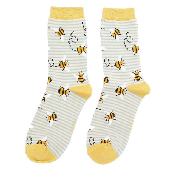 Miss Sparrow Bees Stripes Duck Egg & Cream Bamboo Socks Size 4 -7