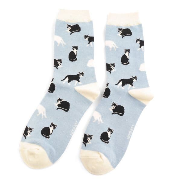 Miss Sparrow Black & White Cats Powder Blue Bamboo Socks Size 4-7