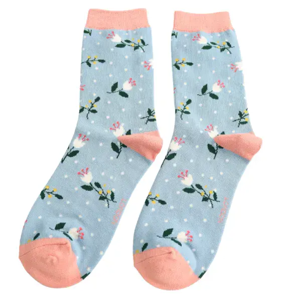 Miss Sparrow  Buds & Berries Socks Blue Bamboo Socks Fits Size 3 - 7