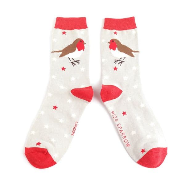 Miss Sparrow Festive Robins Bamboo Socks Silver Size 4-7