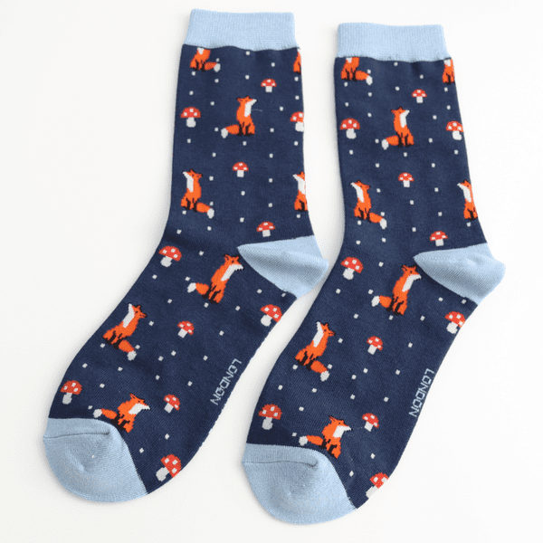 Miss Sparrow Fox & Toadstool  Navy Bamboo Socks Size 4 - 7
