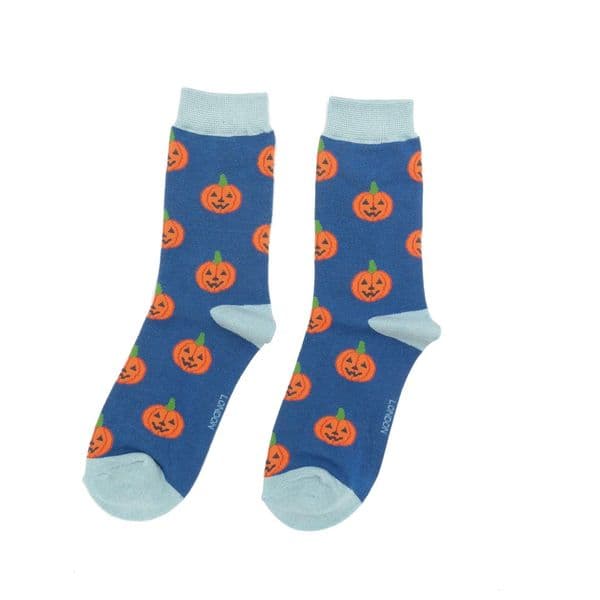 Miss Sparrow Halloween Pumpkins Bamboo  Socks Navy Size3-7