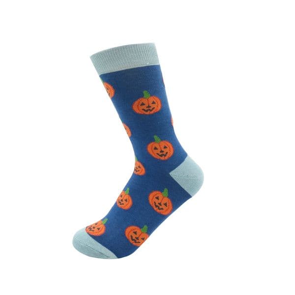 Miss Sparrow Halloween Pumpkins Bamboo Socks Navy Size3-7