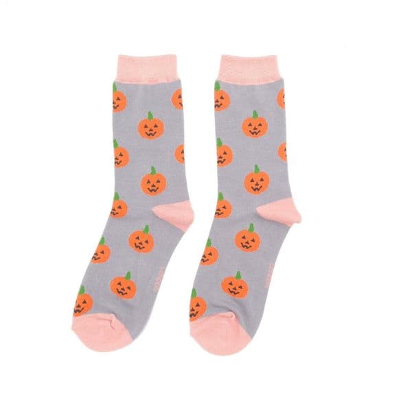 Miss Sparrow Halloween Pumpkins Grey Bamboo Socks Mustard Size 7-11