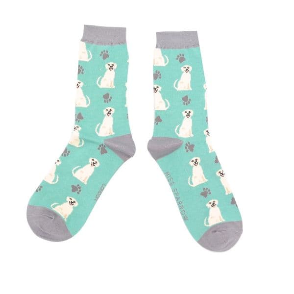 Miss Sparrow Happy Labradors Socks Mint Bamboo Socks Hot Pink Size 3 - 7