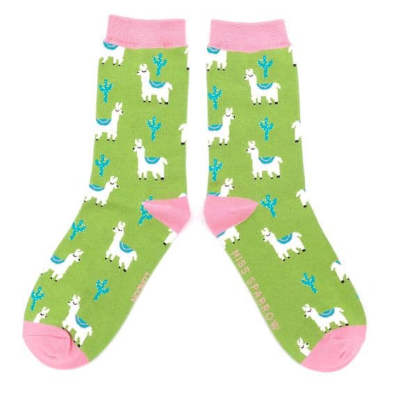 Miss Sparrow  Llama & Cactus Socks Moss Bamboo Socks  Size 7 - 11