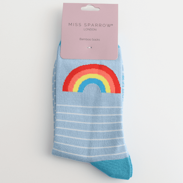 Miss Sparrow Rainbow & Stripes Bamboo Socks Light Blue Fits Size 4-7
