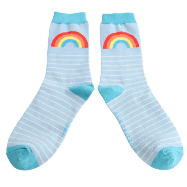Miss Sparrow Rainbow & Stripes Bamboo Socks Light Blue Fits Size 4-7