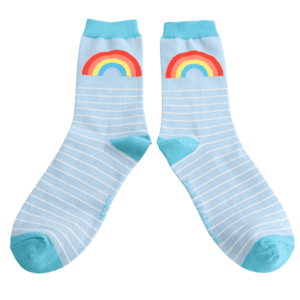 Miss Sparrow Rainbow & Stripes Socks Light Blue Size 4-7