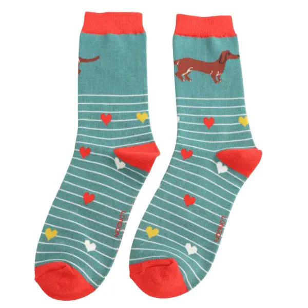 Miss Sparrow Sausage Dogs & Stripes Socks Green Socks Size3-7