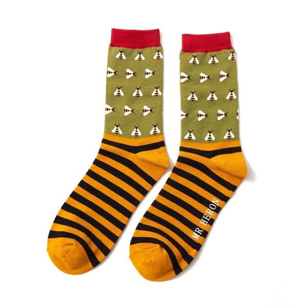 Mr Heron Busy Bees Socks Olive Bamboo Socks Size 7 - 11