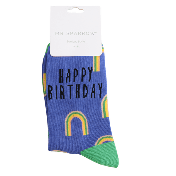 Mr Sparrow Birthday Rainbows Bamboo Socks in Blue Fits Sizes 7 to 11