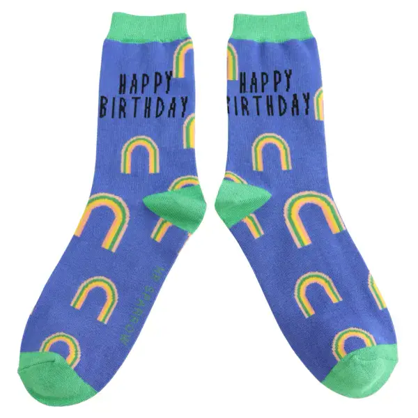 Mr Sparrow Birthday Rainbows Bamboo Socks in Blue Fits Sizes 7 to 11