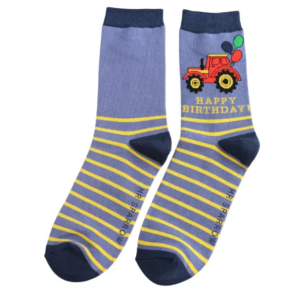 Mr Sparrow Birthday Tractor Bamboo Socks Denim Fits Size 7 - 11