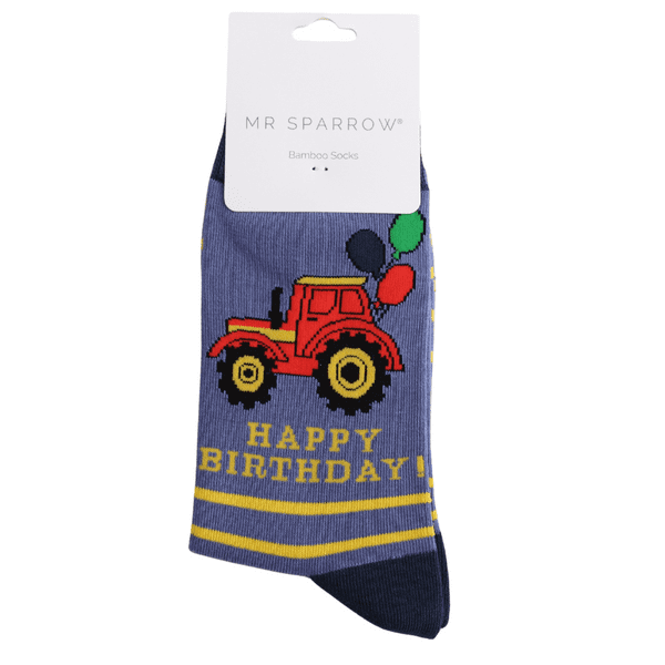 Mr Sparrow Birthday Tractor Bamboo Socks Denim Fits Size 7 - 11