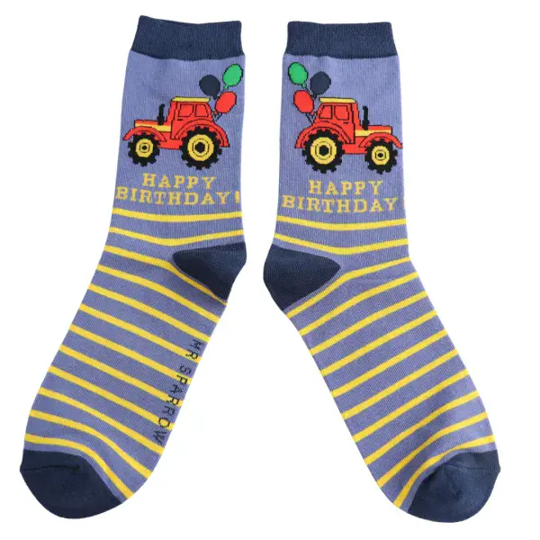 Mr Sparrow Birthday Tractor Bamboo Socks Denim Fits Size 7 - 11