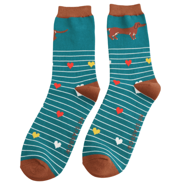 Mr Sparrow Sausage Dogs & Stripes Teal Bamboo Socks Fits Sizes 7 to 11