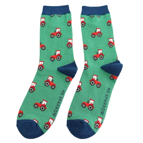 Mr Sparrow Tractor Bamboo Socks in Green Fits Sizes 7 to 11