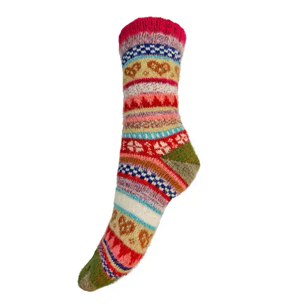 Multi coloured, dark red cuff, Scandi patterned socks Size 4-7
