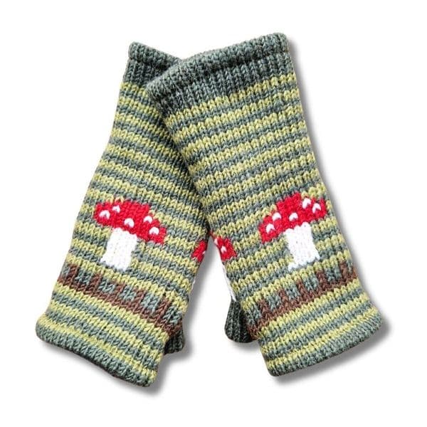 Mushroom hand-knitted wool wrist warmers in Field Green