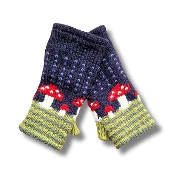 Mushroom hand-knitted wool wrist warmers in Midnight