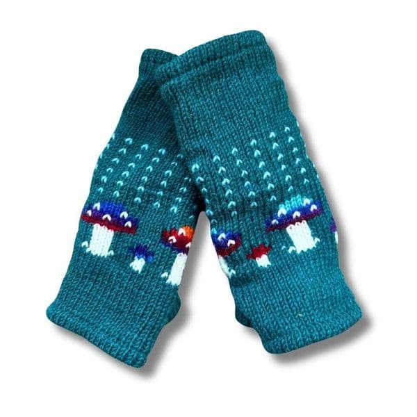 Mushroom hand-knitted wool wrist warmers in psychedelic