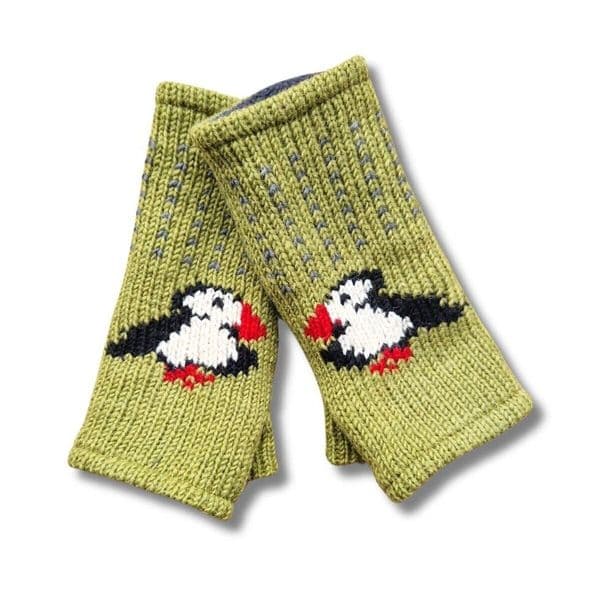 Puffin hand-knitted wool wrist warmers in Moorland Green